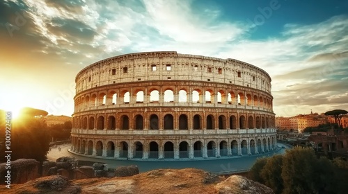 Fototapeta Naklejka Na Ścianę i Meble -  Aerial view of the Colosseum surrounded by the vibrant cityscape of Rome at sunset