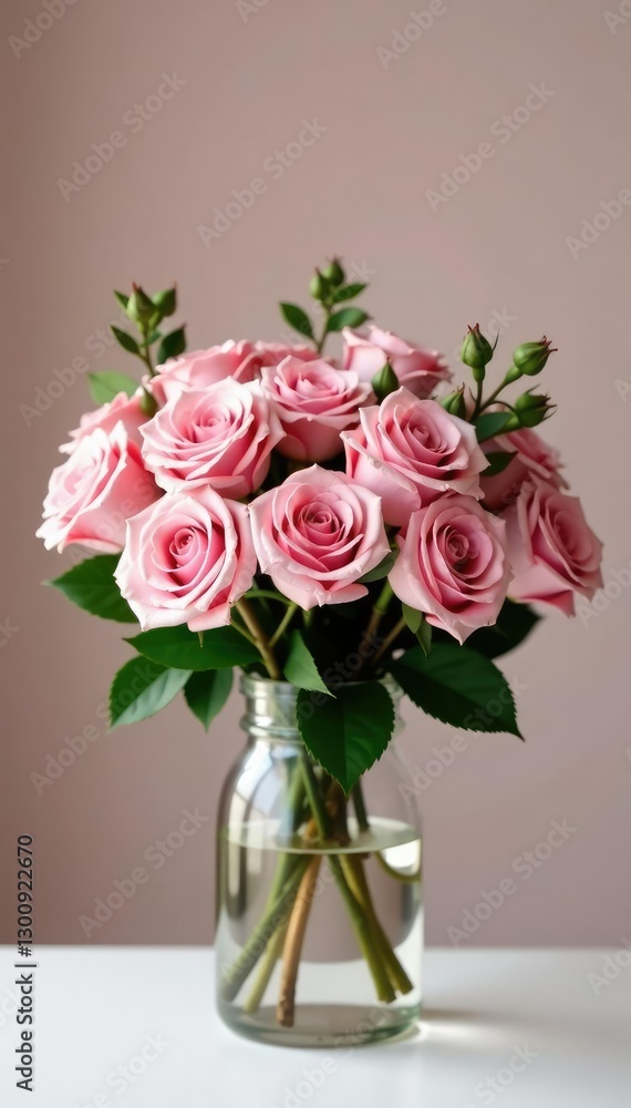 Obraz premium Pink roses in a vase with greenery and branches, floral, branches
