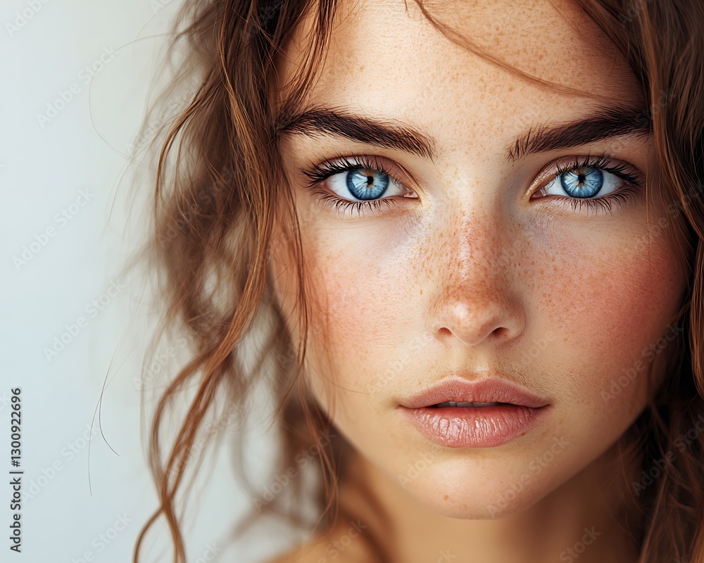Freckled woman, close-up portrait, studio Freckled woman, close-up portrait, studio