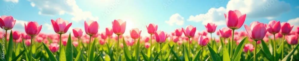Pink tulip blooms scattered across a lush, emerald green meadow with sunshine and clouds, blossom, flowers, verdant Pink tulip blooms scattered across a lush, emerald green meadow with sunshine and clouds, blossom, flowers, verdant