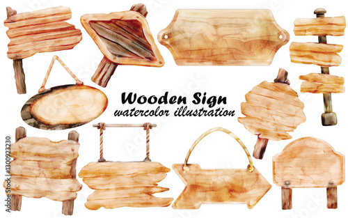 Watercolor Wooden Sign Illustration Set - Hand-Painted, Rustic, Vintage - Blank Wood Signs, Hanging Signs, Directional Arrows, Old Wood Planks, Vector Illustration