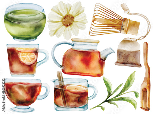 Watercolor Tea and Herbal Drink Illustration Set - Hand-Painted, Realistic, Cozy Style - Green Tea, Herbal Tea, Teapot, Tea Cup, Tea Bag, Matcha Whisk, Vector Illustration