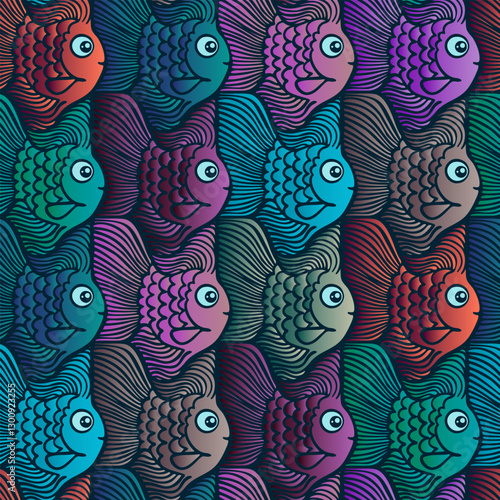 Seamless Escher Style Tessellation with Cute Fantasy Fish in Mystical Colours
