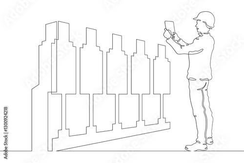 Continuous one line drawing IT engineer and server. Engineer services network equipment. Computer technician with tablet.