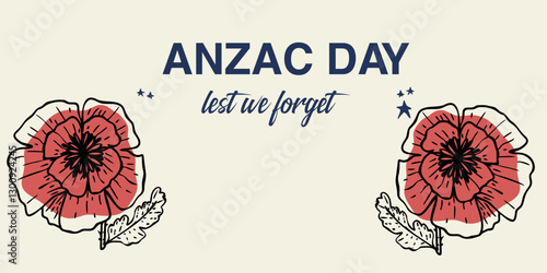 Anzac Day banner with red poppy flower. Hand drawn vector illustration. Australian patriotic holiday.