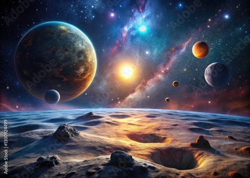 Surreal Space Scene: Lunar Landscape, Planets, Starry Sky - Cosmic Art photo