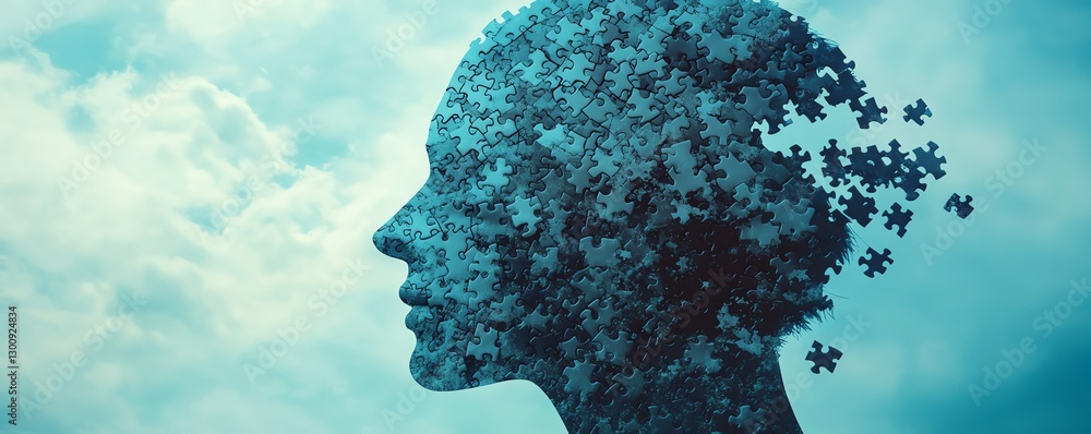 Dementia and memory loss concept, human head silhouette with jigsaw puzzle pieces missing, symbolizing mental decline, cognitive challenges, Alzheimers disease visualization Dementia and memory loss concept, human head silhouette with jigsaw puzzle pieces missing, symbolizing mental decline, cognitive challenges, Alzheimers disease visualization