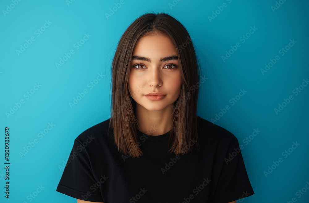 Fototapeta premium Portrait of a beautiful young woman with straight brown hair, wearing a black t-shirt, looking at the camera and smiling, isolated on a blue background.