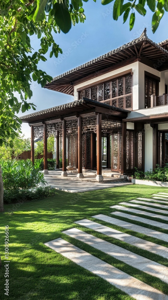 Modern Asian-style house, landscaped lawn, stone path. Modern Asian-style house, landscaped lawn, stone path.