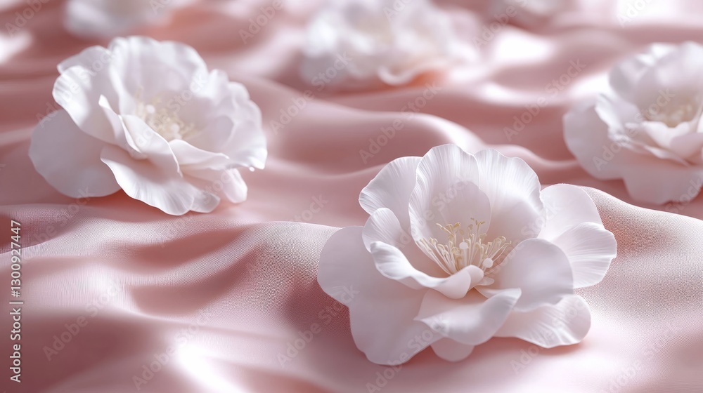 Soft 3D camellias with delicate details, scattered on a silk-like surface Soft 3D camellias with delicate details, scattered on a silk-like surface
