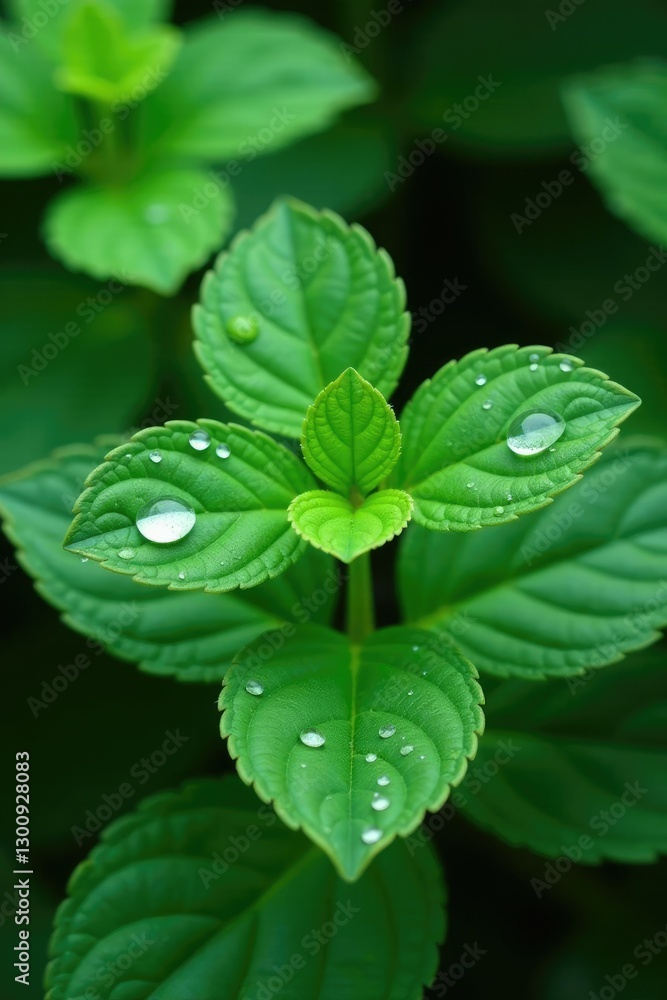 Valerianella leaves and stems with dew drops on the surface, dew, foliage Valerianella leaves and stems with dew drops on the surface, dew, foliage