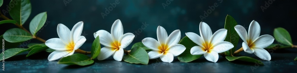 Fototapeta premium White flowers in full bloom on a dark and moody surface, white, peaceful