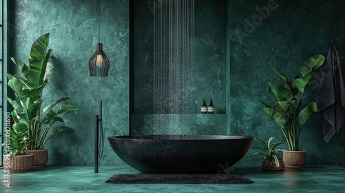 Modern teal bathroom with black soaking tub, rain shower, and tropical plants. Interior design concept photo