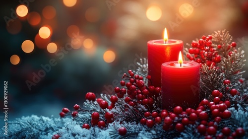 Two red candles, adorned with winter greenery and berries, illuminated in a warm festive setting.