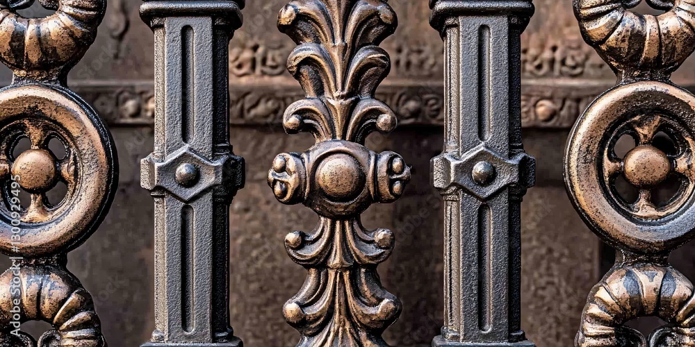 Ornate Architectural Ironwork: An up-close perspective showcases intricate, ornamental ironwork, revealing detailed craftsmanship and classic design. Ornate Architectural Ironwork: An up-close perspective showcases intricate, ornamental ironwork, revealing detailed craftsmanship and classic design.