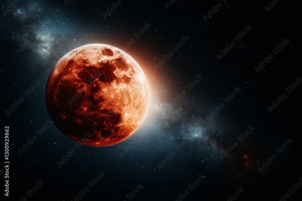 A celestial view of the lunar eclipse, with stars and galaxies faintly visible around the moon reddish glow A celestial view of the lunar eclipse, with stars and galaxies faintly visible around the moon reddish glow