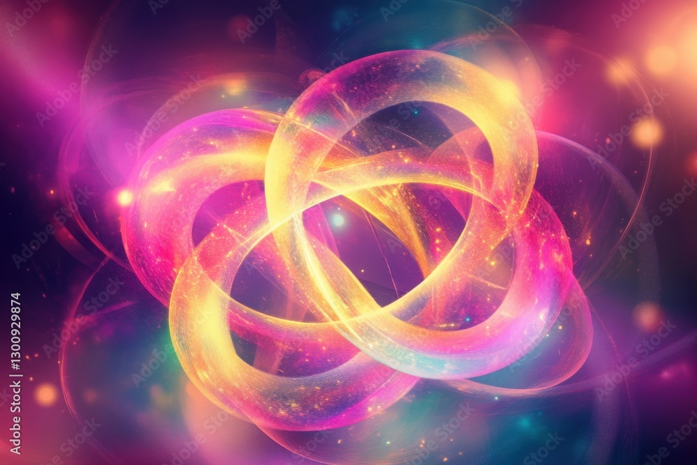 Obraz premium Abstract glowing energy loops intertwining in vibrant shades of pink, gold, and purple, creating a futuristic and cosmic visual with a sense of motion and harmony