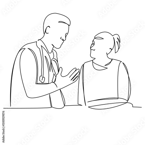 One continuous single drawing line art flat doodle female, doctor, patient, medicine, healthcare, hospital, talking, discussing. Isolated image hand draw contour on a white background
