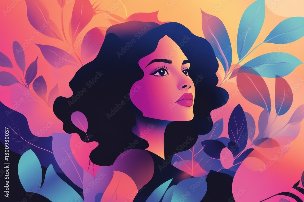 Digital illustration of a woman with dark curly hair, gazing into the distance, surrounded by vibrant abstract leaves in shades of pink, blue, and orange, creating a dreamy and modern aesthetic Digital illustration of a woman with dark curly hair, gazing into the distance, surrounded by vibrant abstract leaves in shades of pink, blue, and orange, creating a dreamy and modern aesthetic