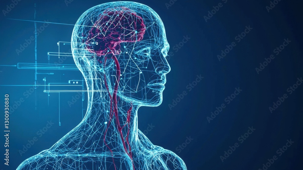 Obraz premium Futuristic Human Anatomy Visualization Representing Brain and Nervous System with Neural Connections