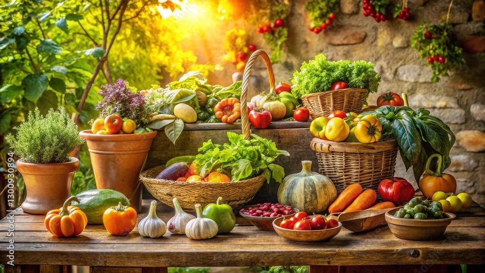 Fototapeta premium Abundant Harvest A Rustic Still Life Featuring a Bountiful Array of Freshly Picked Vegetables and Herbs, Displayed on a Weathered Wooden Table in a Sun-Drenched Garden Setting