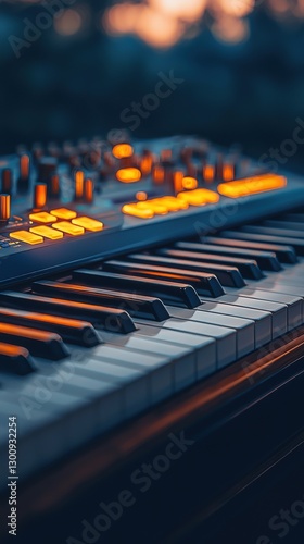 Wallpaper Mural Electronic Music Synthesizer Keyboard with Glowing Controls and Keys Torontodigital.ca