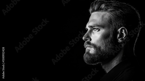 Profile portrait of a thoughtful man with a beard in dramatic black and white against a dark background