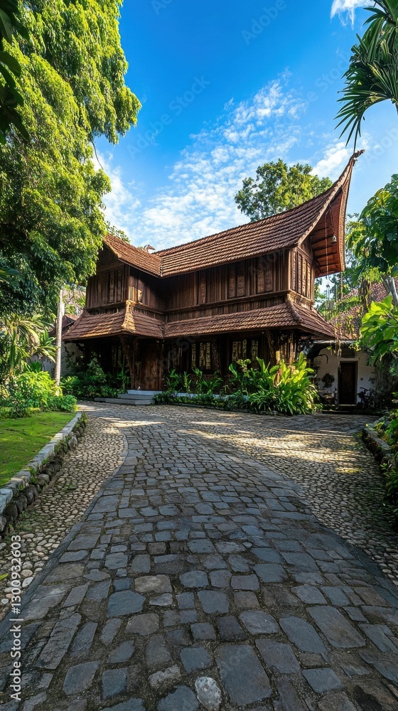Wooden house, stone path, lush tropical setting. Wooden house, stone path, lush tropical setting.