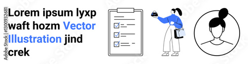 Woman holding a task list clipboard while checking items, profile icon nearby. Ideal for tasks, organization, productivity, teamwork, planning, time management, goal tracking flat landing page