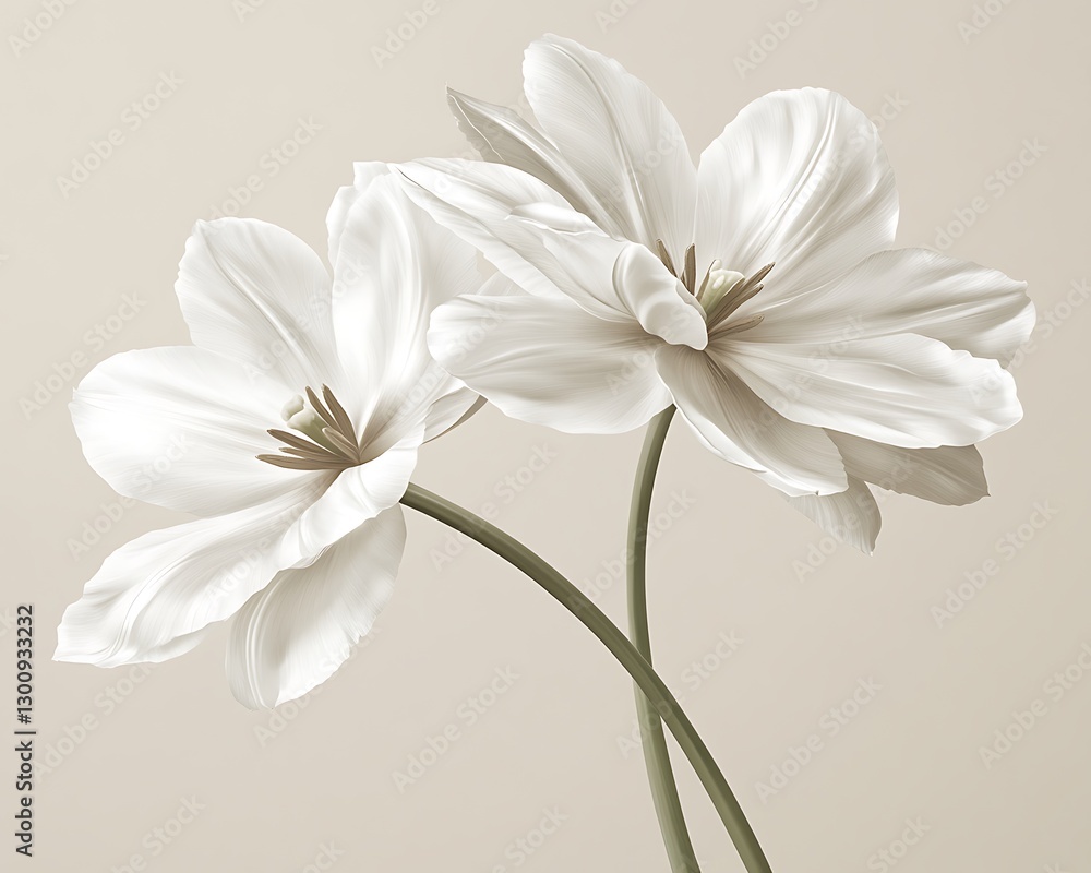 Fototapeta premium Two beautiful white flowers are presented on a plain beige background