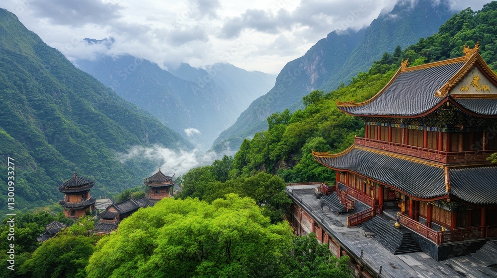 Obraz premium Mountaintop temples, lush greenery, misty valley.
