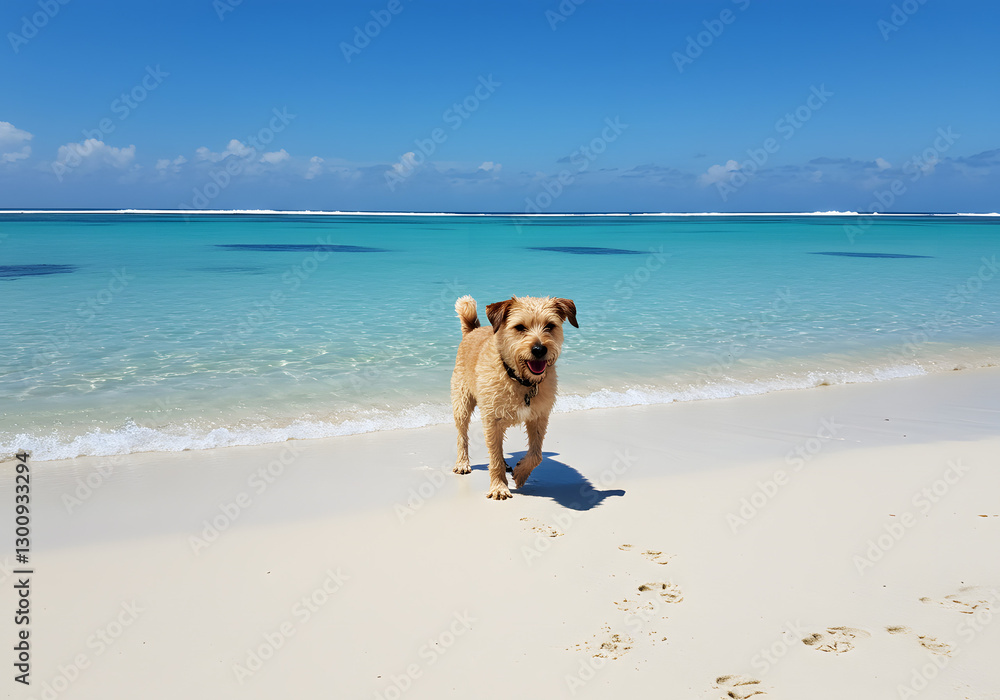 Dog exploring beach edges without leash. Walk fueling bright energy. Walk capturing dogs playful spirit, walk representing free bond between pet and environment Dog exploring beach edges without leash. Walk fueling bright energy. Walk capturing dogs playful spirit, walk representing free bond between pet and environment