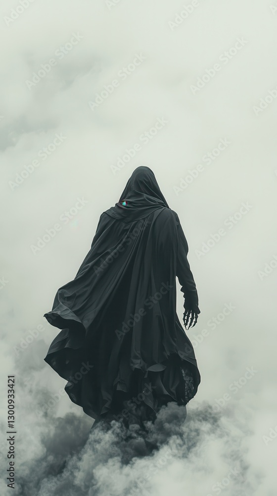 Mystical Grim Reaper in black cloak and hooded robe standing in the clouds, Halloween concept Mystical Grim Reaper in black cloak and hooded robe standing in the clouds, Halloween concept
