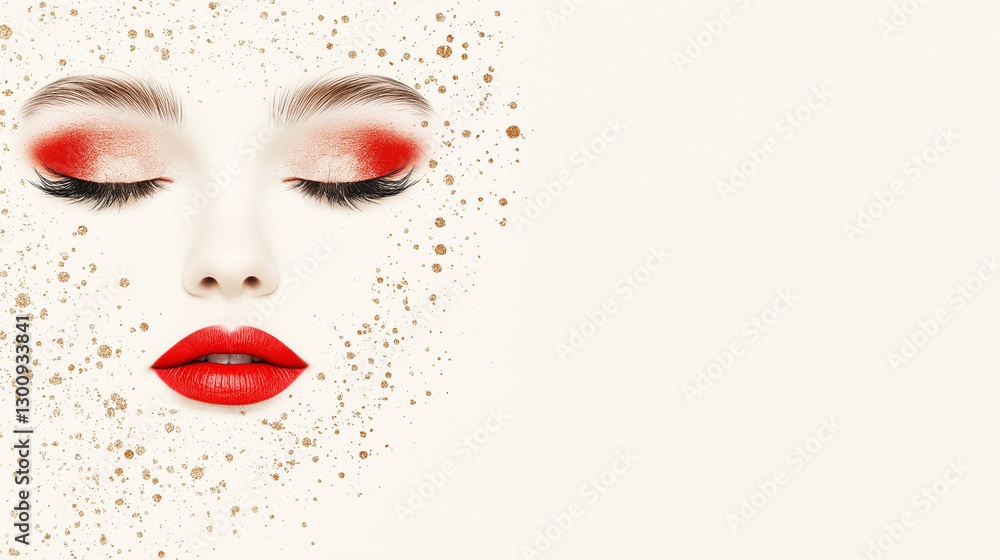 Obraz premium Enchanting Beauty: A portrait of a woman with closed eyes, adorned in vibrant red eyeshadow and lipstick, embellished with golden confetti, creating a dreamy aesthetic.