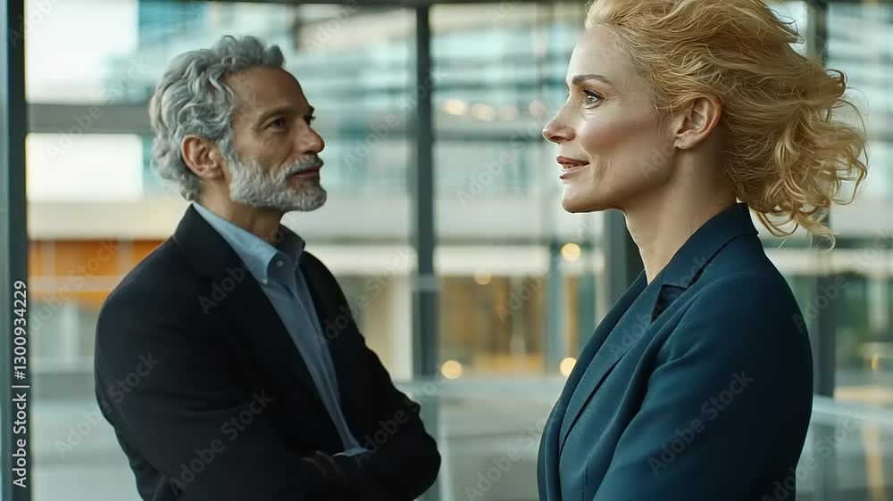 Two professionals engaged in a discussion in a modern office space with glass walls Two professionals engaged in a discussion in a modern office space with glass walls