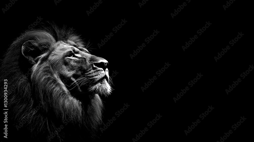 Majestic Lion in Shadow: A striking portrait of a lion, its regal gaze and powerful mane illuminated against a stark, dark background. Showcasing the king of the jungle. Majestic Lion in Shadow: A striking portrait of a lion, its regal gaze and powerful mane illuminated against a stark, dark background. Showcasing the king of the jungle.