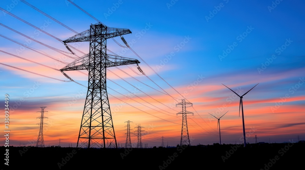 Silhouette of power lines and wind turbines at sunset. Silhouette of power lines and wind turbines at sunset.