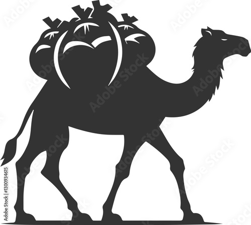 Camel carrying a heavy sack on its back, walking slowly animal vector silhouette