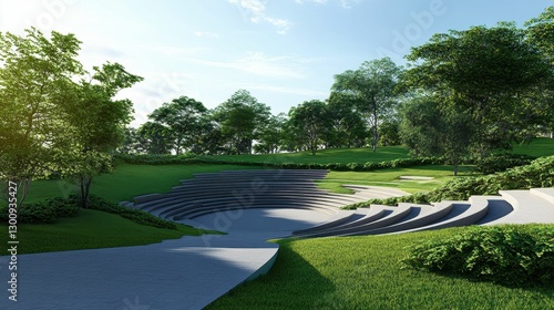 Stone amphitheater nestled in lush green landscape.