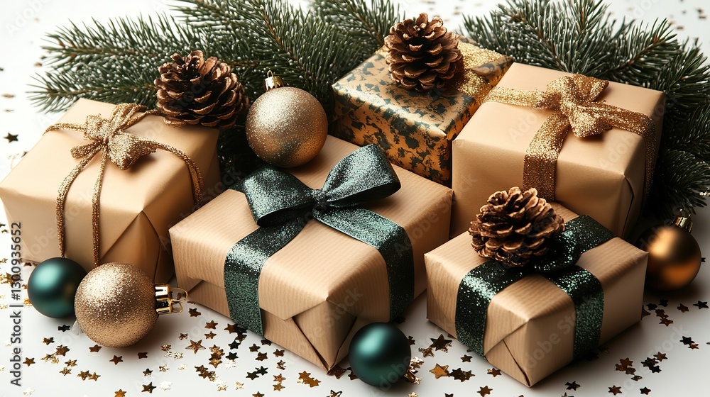 Fototapeta premium Gift boxes with ribbon bows, gold and green baubles, stars, pine cones, a spruce branch, and confetti on white.