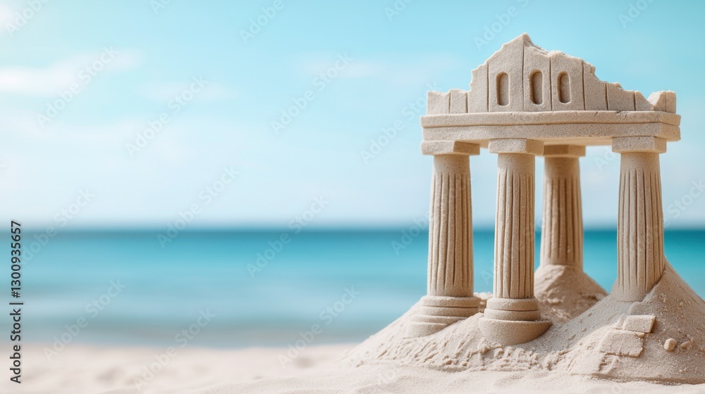 Fototapeta premium Sand castle on the ocean beach Concept, Ancient Sand Castle with Broken Pillars on a Beach Against a Clear Sky and Tranquil Ocean Background