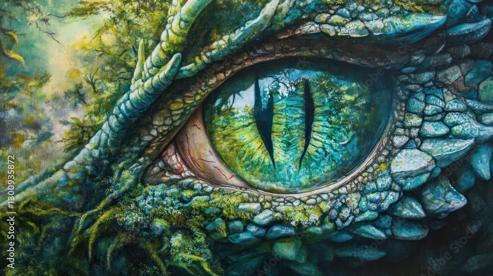Obraz premium Close-up of a mythical dragon eye, detailed scales, vibrant green and teal hues, lush overgrown forest background.