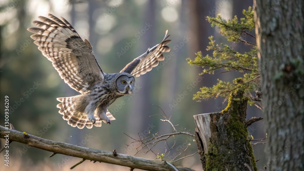 Fototapeta premium Dynamic owl in flight with an exhilarating mood against a blurred forest backdrop
