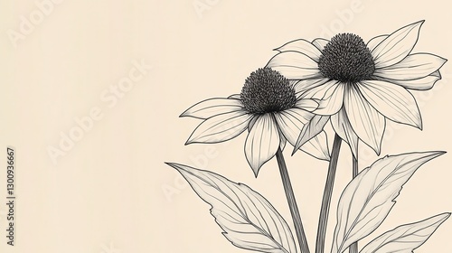 Botanical drawing depicting vivid black eyed susan blossoms, showcasing delicate petal textures and verdant foliage against soft cream colored backdrop