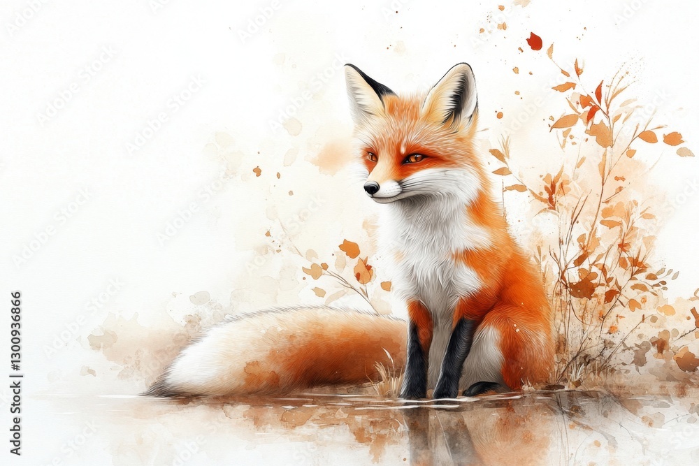 Obraz premium A dreamy watercolor of a nine-tailed fox sitting beside a tranquil stream, its tails blending with the reflection in the water
