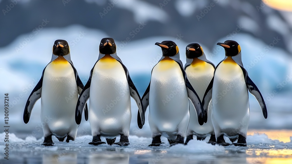 Obraz premium Five emperor penguins walking on ice, with a snowy landscape and blurred mountains in the background. Concept Emperor Penguins, Snowy Landscape, Ice Walk, Blurred Mountains, Wildlife Photography