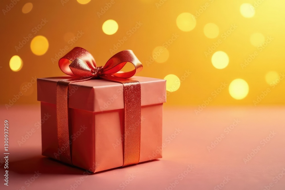 Gift box with sparkling ribbon against shimmering gold background, festive decor, present Gift box with sparkling ribbon against shimmering gold background, festive decor, present