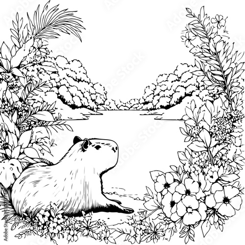Capybara Coloring Page For Kids, Line Art, Vector
