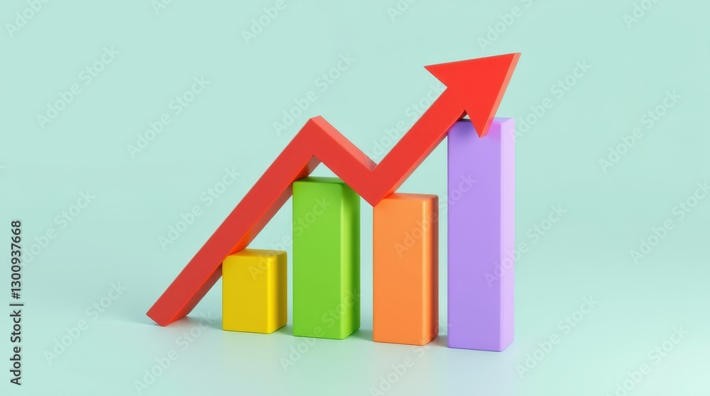 Colorful 3D Business Growth Chart with Rising Arrow Colorful 3D Business Growth Chart with Rising Arrow