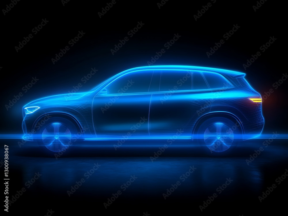 A digitally rendered car design presented with glowing blue lines A digitally rendered car design presented with glowing blue lines
